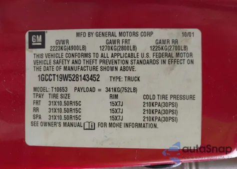 2002 Chevrolet S-10 Ls z USA, uszkodzony, nr VIN 1GCCT19W528143452